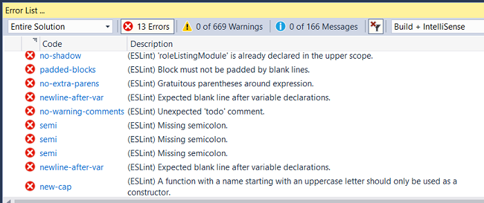 ESLint error list pane